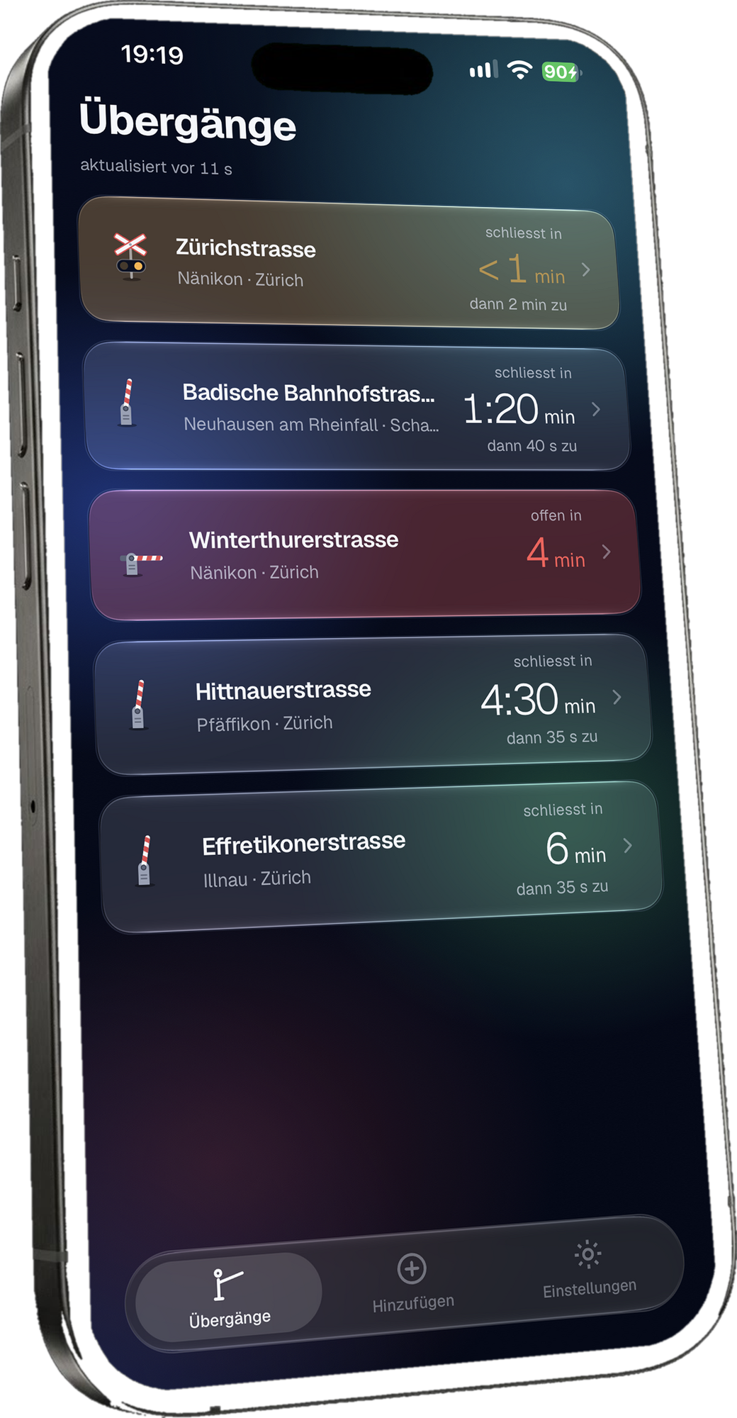 RailFree on iPhone: a list of level crossings with a countdown to closing and how long each will stay closed (app shown in German)