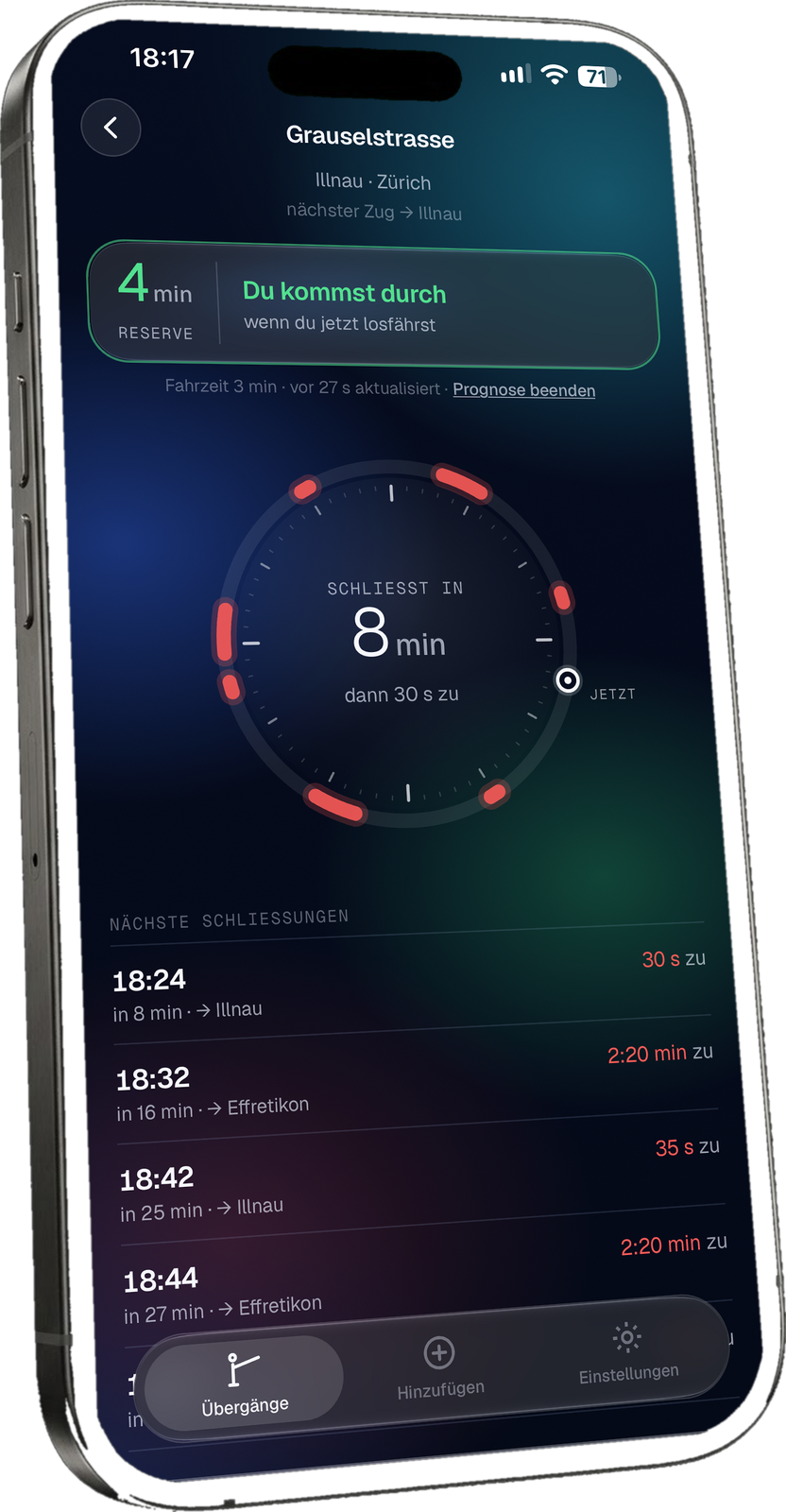 RailFree detail view of a level crossing: “closes in 8 min, then closed for 30 s”, above it “4 min margin – you’ll make it”, below the upcoming closures (app shown in German)