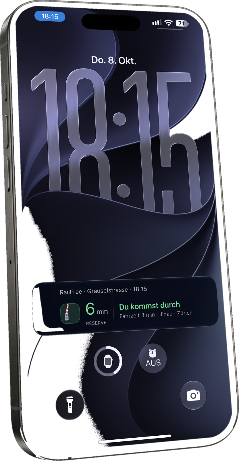 RailFree on the lock screen: “6 min margin – you’ll make it” (app shown in German)